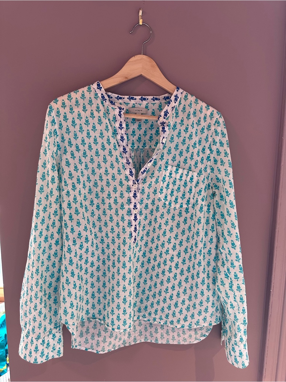 J. Crew 100% cotton blouse with Teal Leaf Print